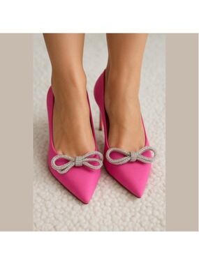 Women's BCBGeneration Pink Pointed Toe Heels with Silver Bows Size 7.5